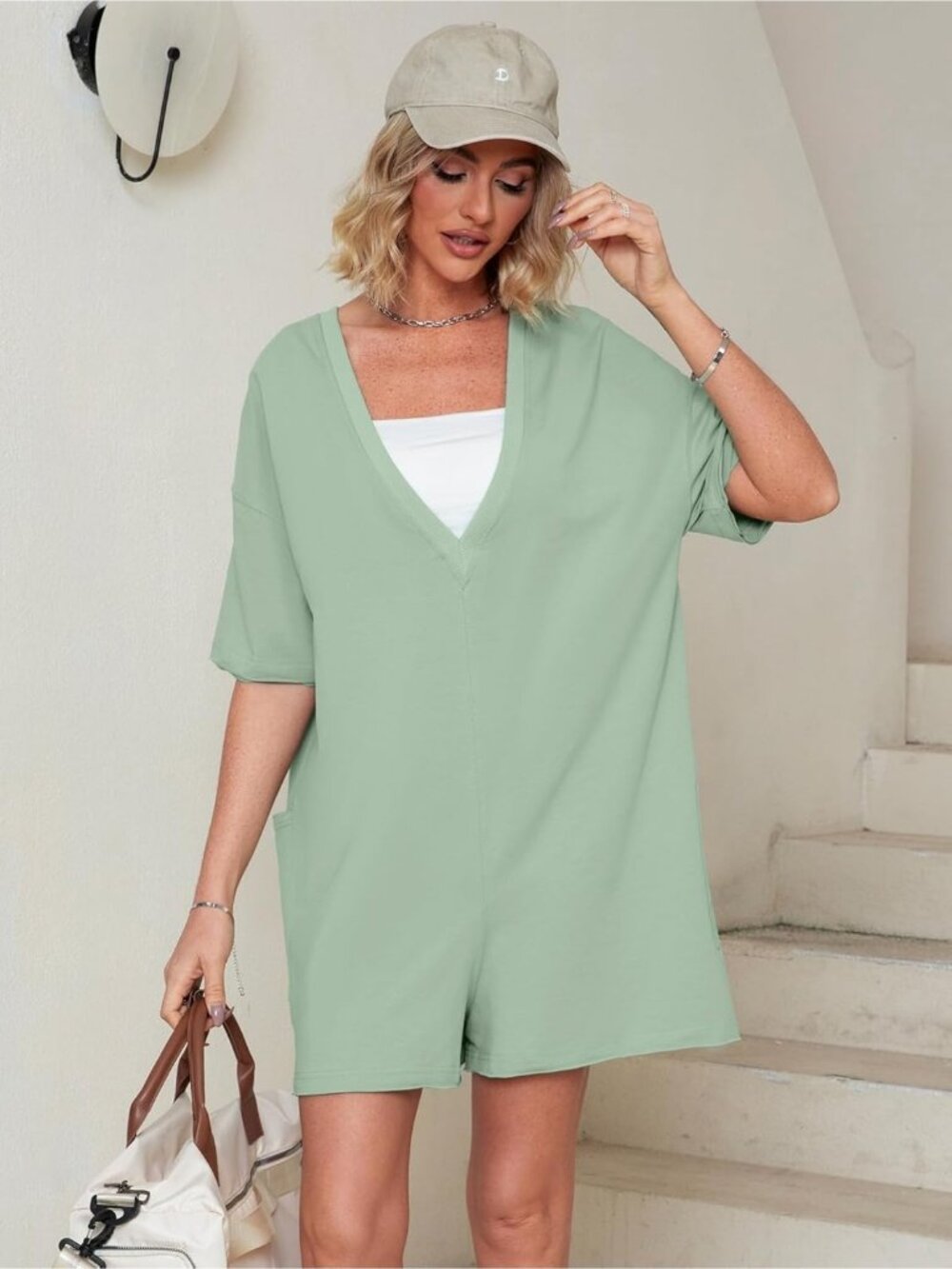 Womens Bean Green Summer Casual Onesie Backless Loose Short Oversized Tee Romper - Picture 5 of 6